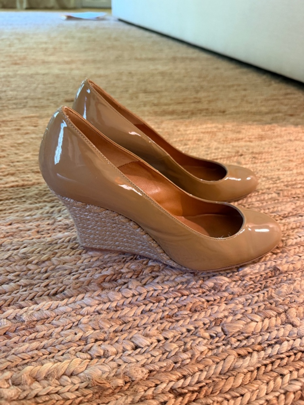 Lanvin Nude Patent Leather Espadrille Wedge Pumps Heels 37